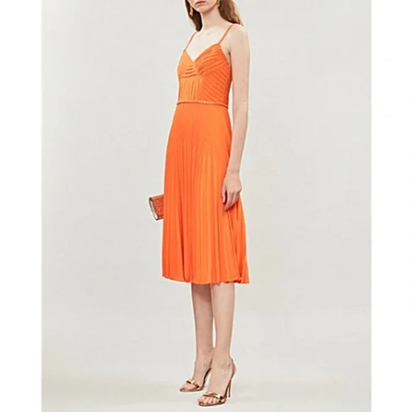 Karen Millen | Dresses | Karen Millen Chain Trim Pleated Crepe Bright Orange  Dress Size 6 | Poshmark